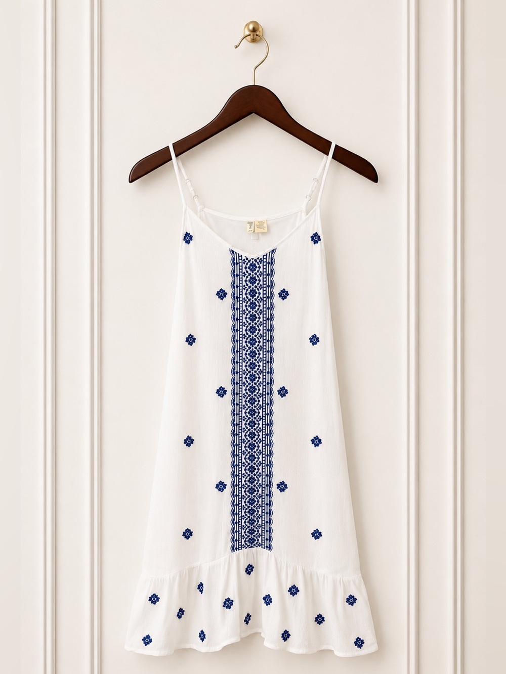 Japna White Navy Embroidered Boho Midi Dress Size Medium Lace Up Back